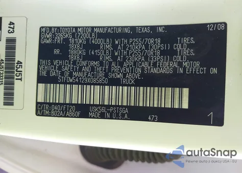2009 Toyota Tundra Grade 5.7L V8 z USA, uszkodzony, nr VIN 5TFDW54129X085850